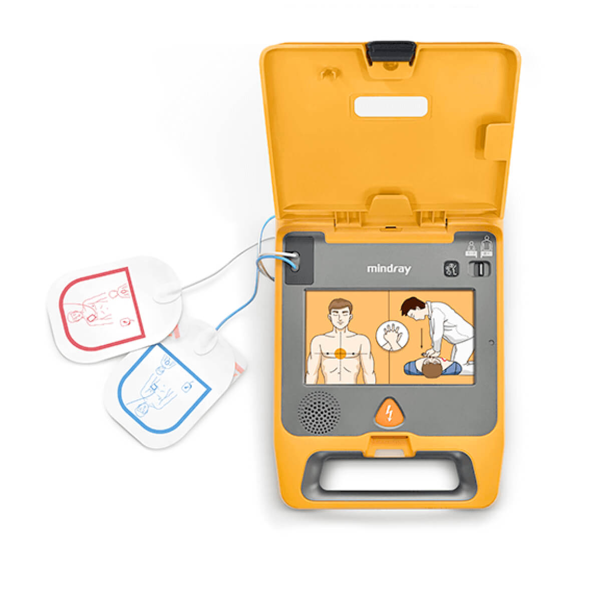 Mindray BeneHeart C1A AED-Defibrillator geöffnet mit Elektroden für Erwachsene und Kinder